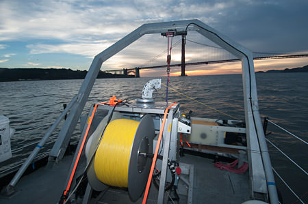research vessel Eaglet inside the Golden Gate entrance, with Saab Sabertooth ROV / AUV equipped with Coda Octopus 3-D Echoscope sonar on the stern