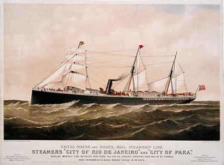 Advertisement for the SS City of Rio De Janeiro and SS City of Para under the flag of the United States and Brazil Mail Steamship Line