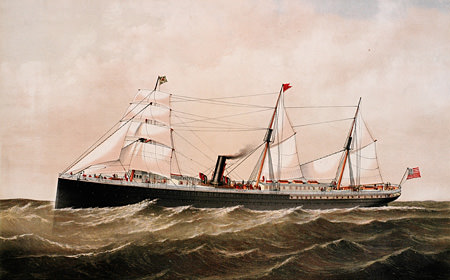 SS City of Rio De Janeiro was rigged with square sails on the foremast and fore and aft sails on the mainmast and mizzenmast to augment her steam machinery and propeller propulsion