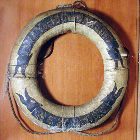Recovered life ring from the wreck of the SS City of Rio de Janeiro.