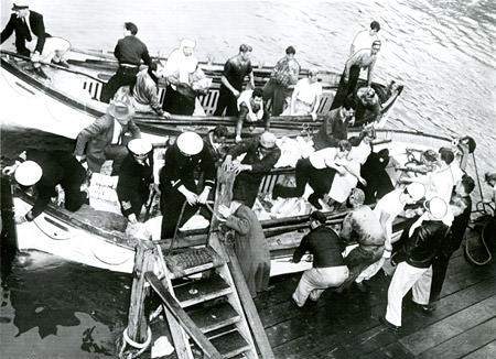 MV Fernstream survivors; officers, crewmen, and passengers disembarking lifeboats at Fort Mason