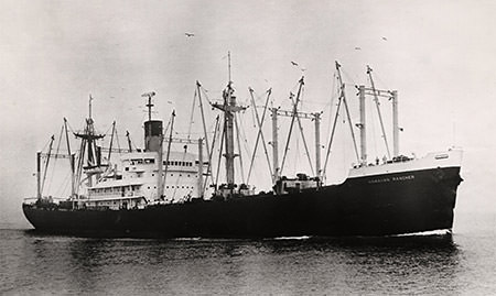 SS Hawaiian Rancher survived the collision with the MV Fernstream. Under its own power, the Matson Navigation Company owned freighter steams towards San Francisco