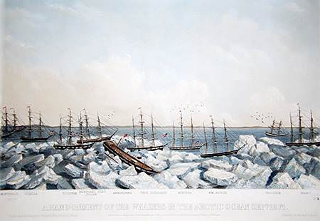 painting of abondoned whaling ships in ice
