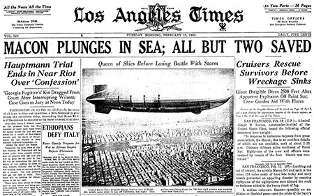 photo of LA times front page of the Macon plunging at sea
