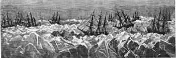 Ships trapped in the ice in 1876.  The Florence, in the foreground center, was able to escape despite losing her rudder to the ice.  From Harpers Weekly (Bockstoce 1986)
